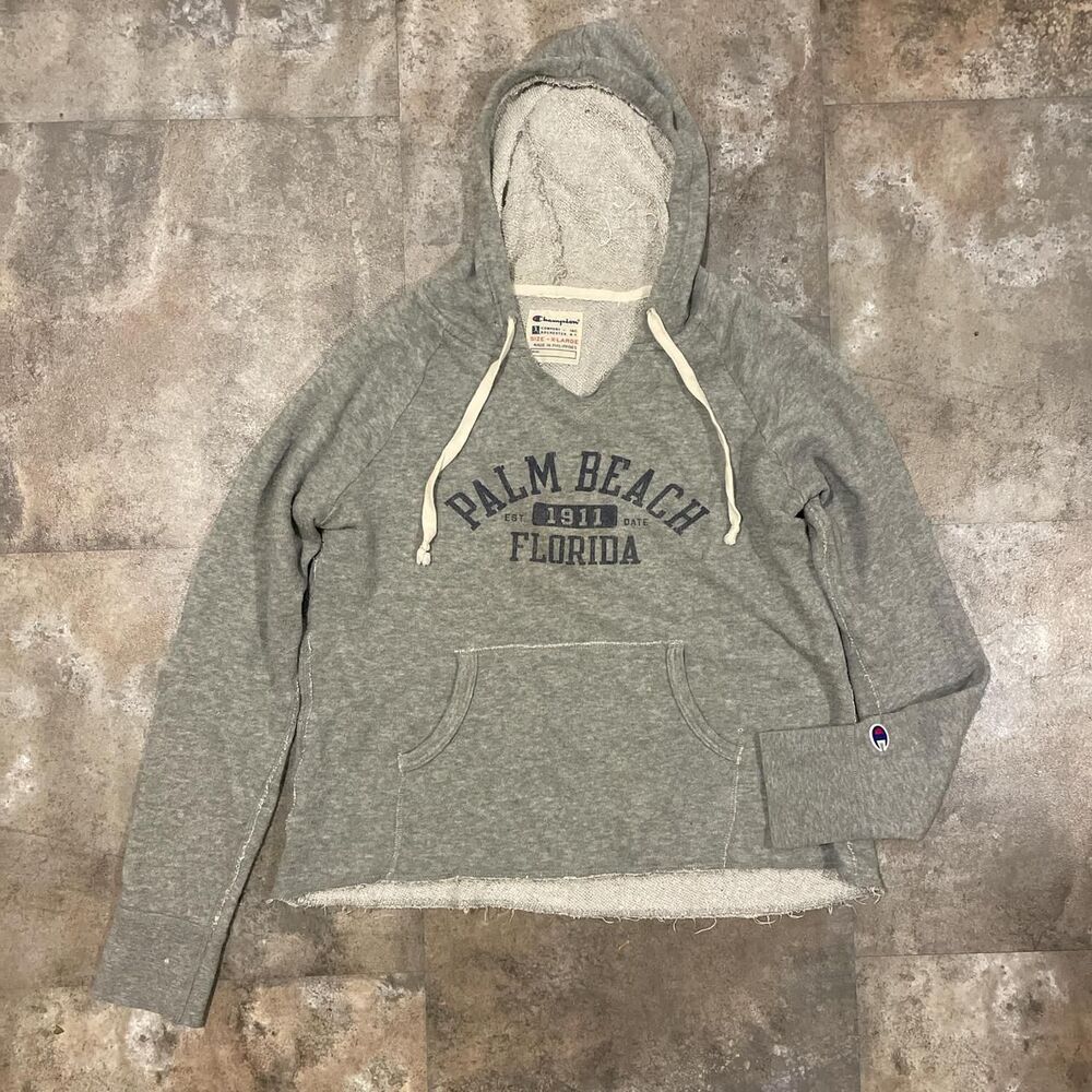 champion vintage gray palm beach florida v neck raw hem hoodie size extra large